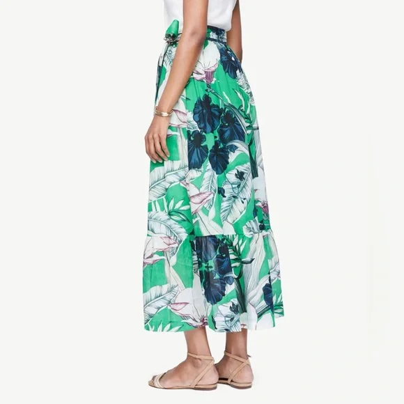 Ann Taylor Green Palm Leaf Tiered Floral Maxi Skirt Size 14 Lined - Picture 3 of 6